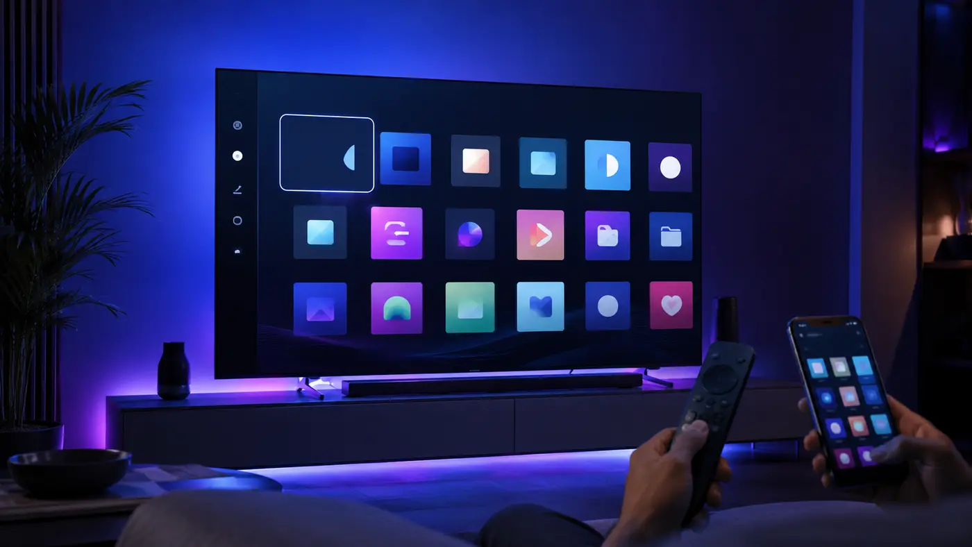 Téléviseur et smartphone affichant des applications IPTV compatibles